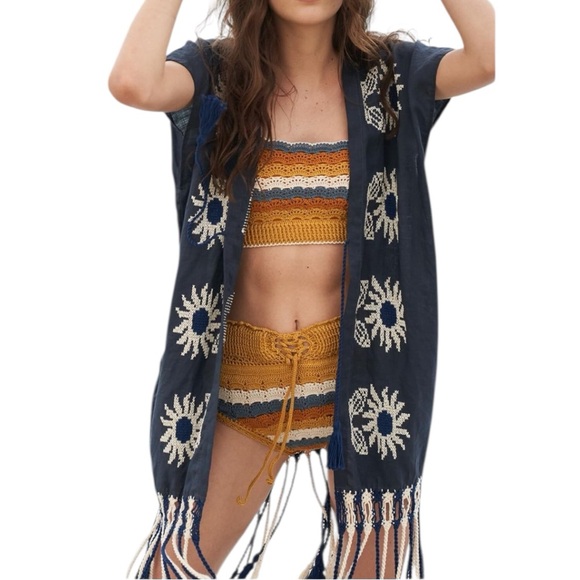 Carolina K Anthropologie Crochet Striped Sm Blue White Bandeau Tank & High Waist - Picture 2 of 15